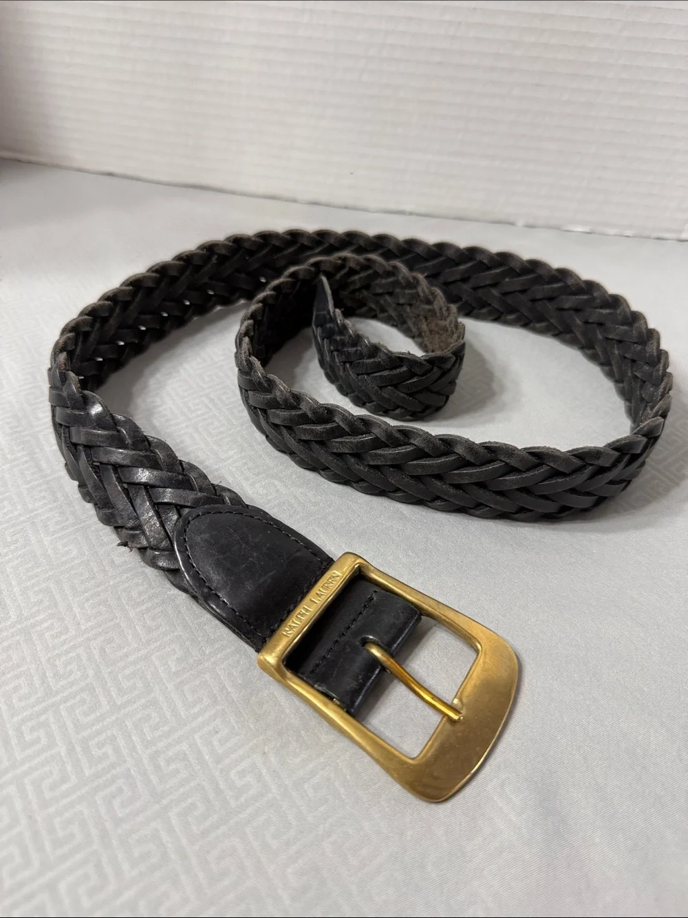 Vtg Ralph Lauren Black Braided Leather Belt Mens Sz L/XL Brass Buckle Argentina